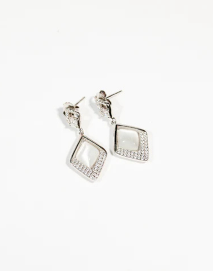 Drop earrings with white marble effect stone embellished with cubic zirconia