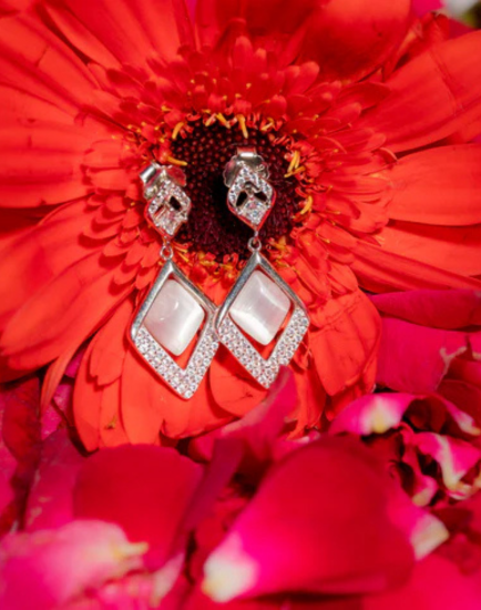 Drop earrings with white marble effect stone embellished with cubic zirconia