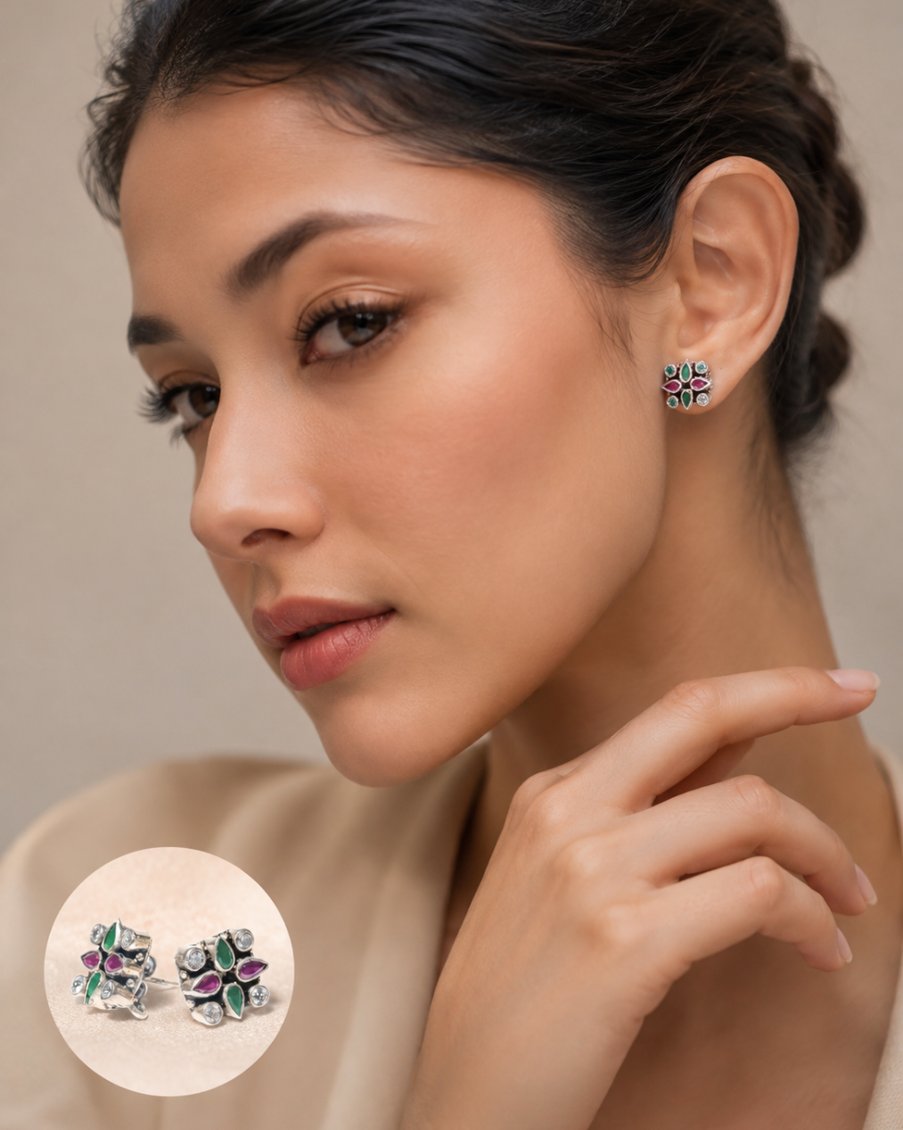 Oxidised Anouk green and magenta stone square tops