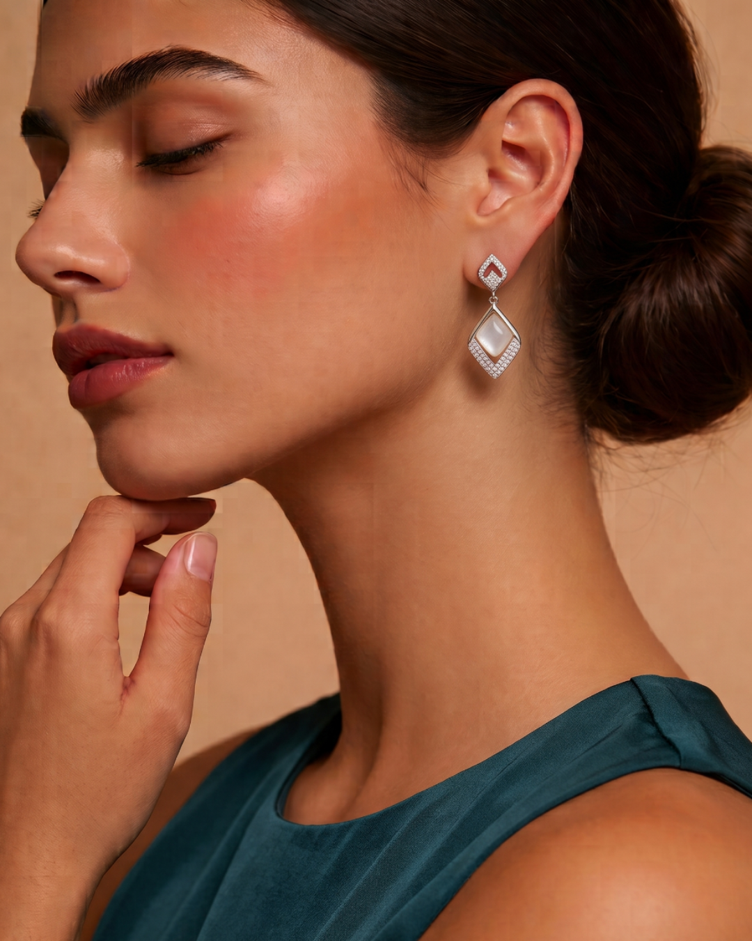 Drop earrings with white marble effect stone embellished with cubic zirconia