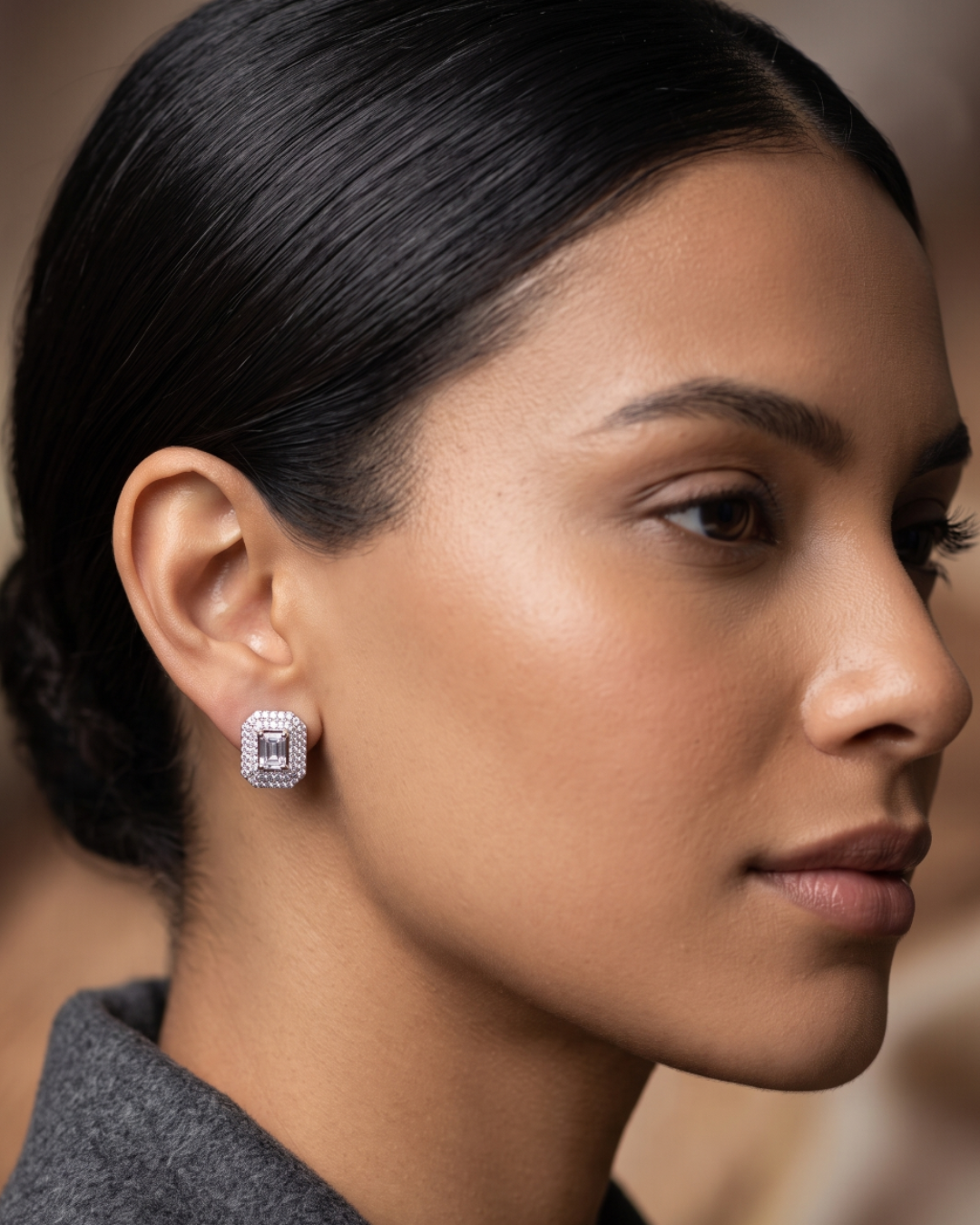 Princess Cut Halo Rectangular Stud Earrings