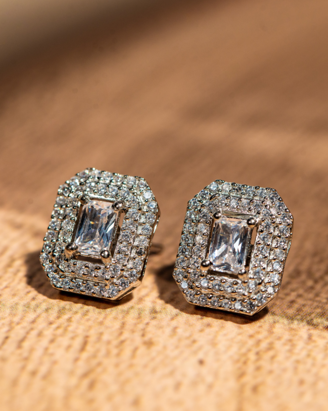 Princess Cut Halo Rectangular Stud Earrings