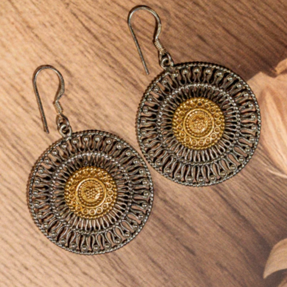 Round silver and gold toned filigree mandala drop earrings
