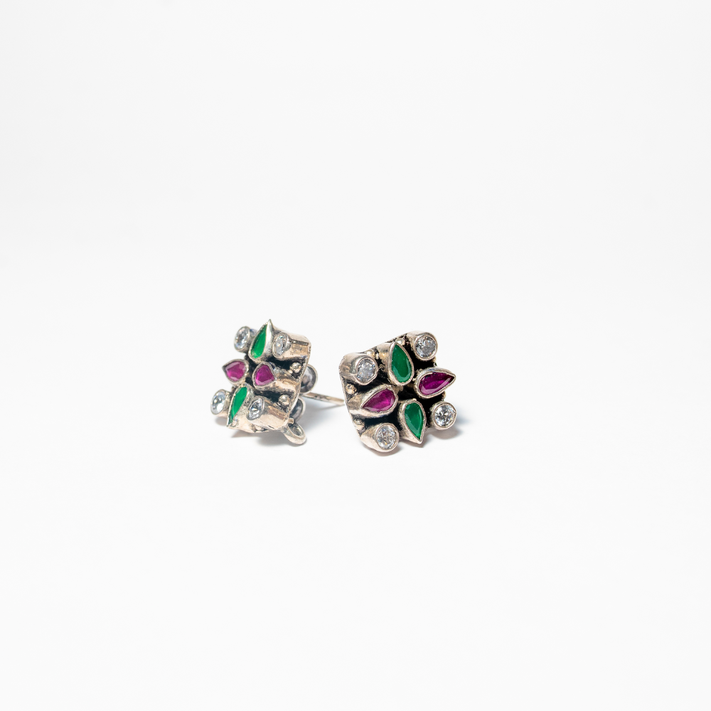 Oxidised Anouk green and magenta stone square tops