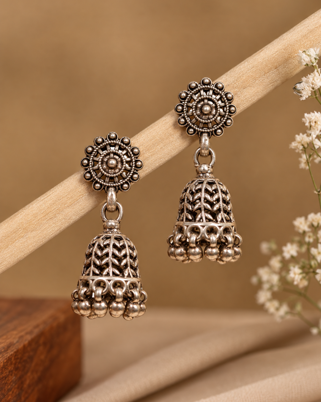 Antique Floral Oxidised Jhumka Earrings