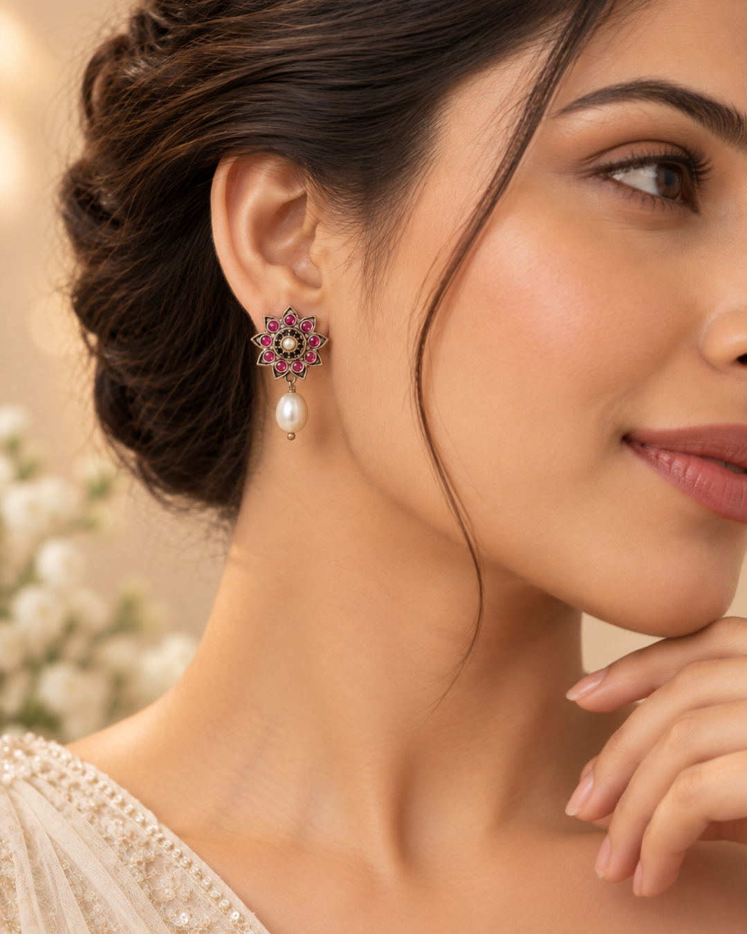 Ruby Blossom Pearl Drop Earrings