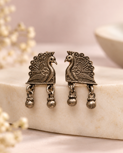 Royal Peacock Oxidised Silver Jhumka Earrings