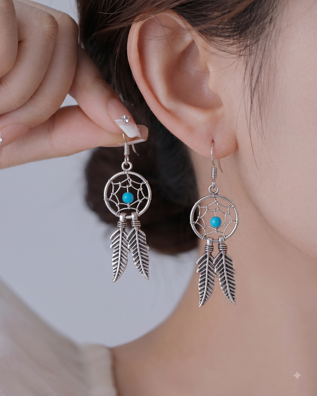 Sterling silver dream catcher dangle earrings with turquoise beads and feather charms