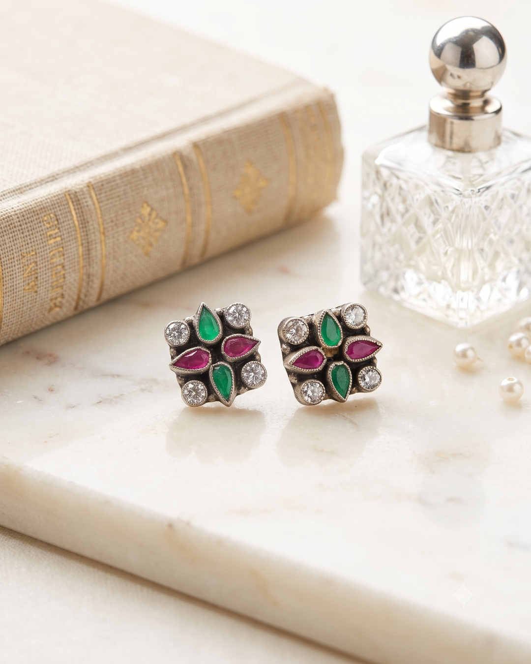Oxidised Anouk green and magenta stone square tops