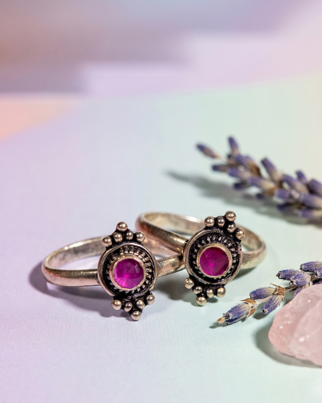 Oxidised silver toe rings with magenta stone
