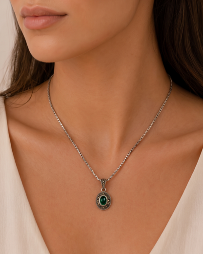 Sterling silver pendant necklace with green stone and marcasite stones