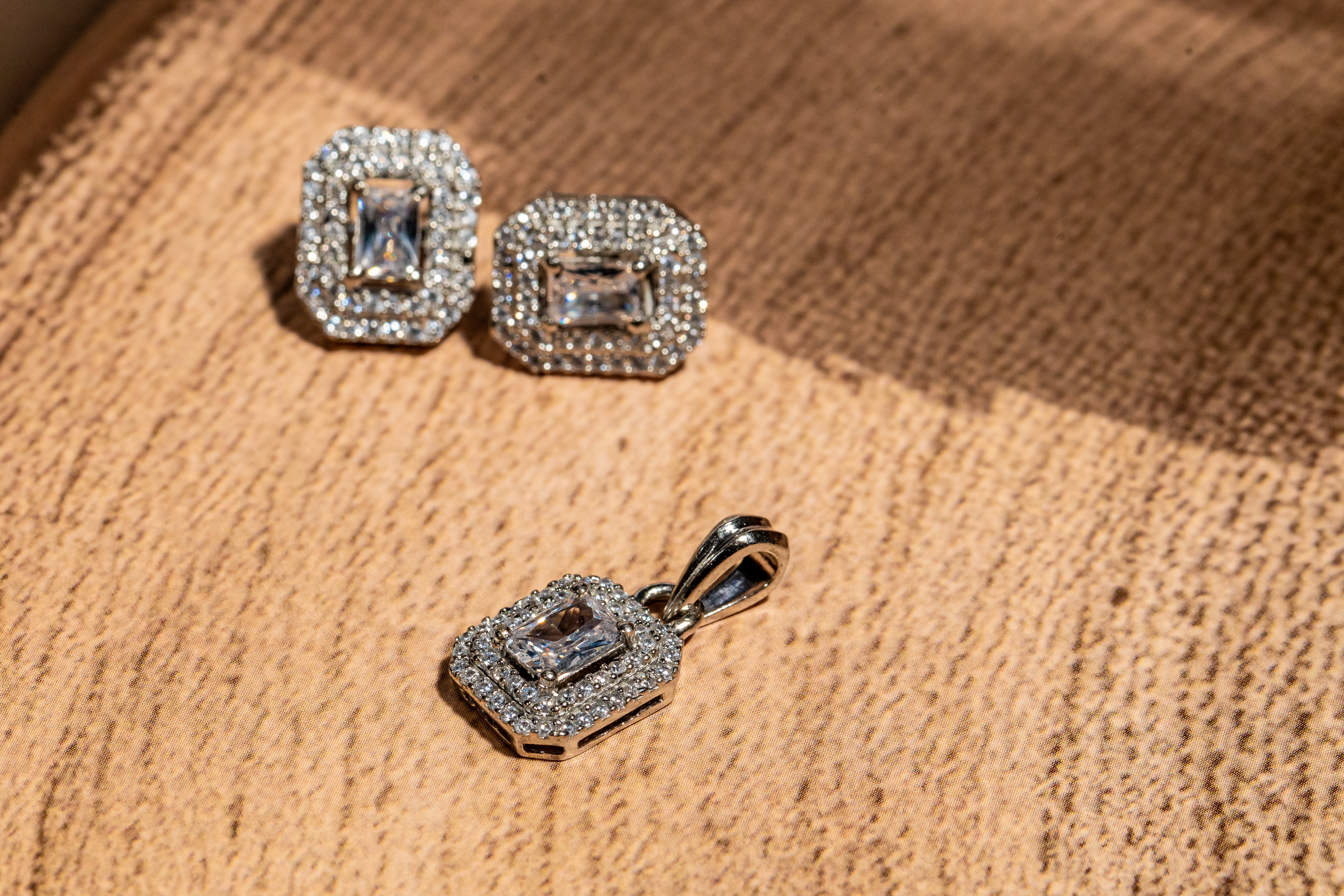 Rectangular studs and pendant  with princess cut embellished with cubic zirconia