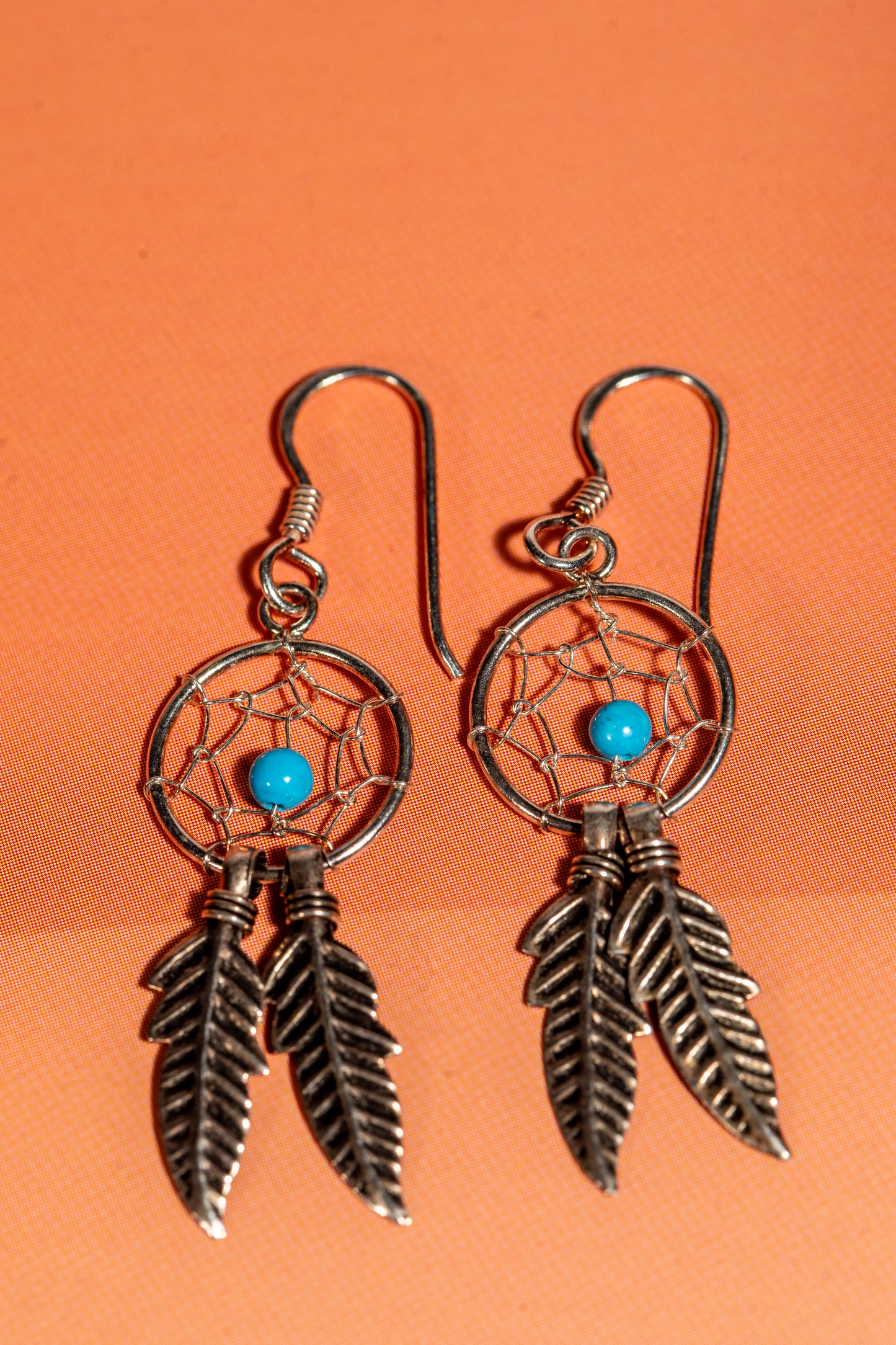 Sterling silver dream catcher dangle earrings with turquoise beads and feather charms