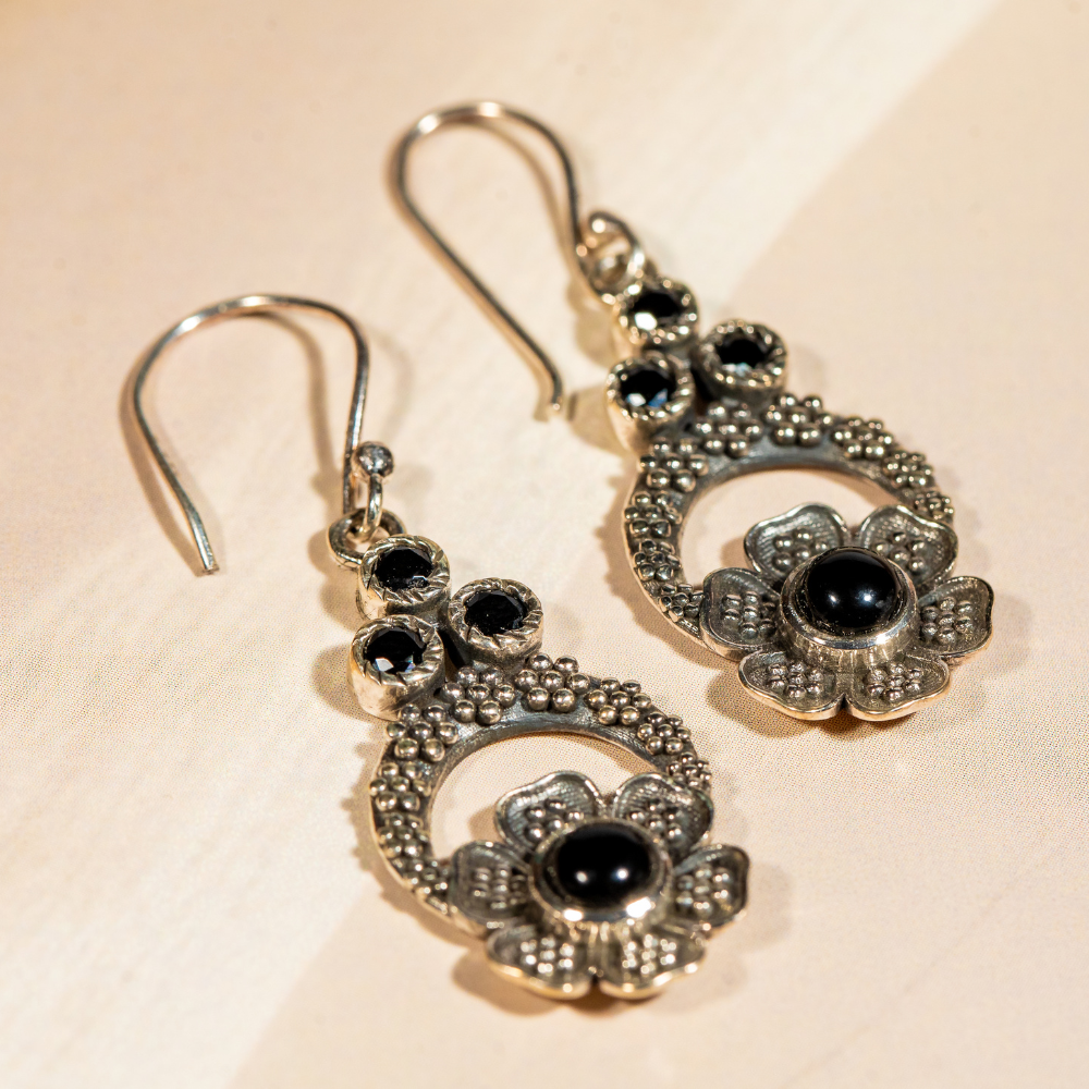 Black onyx and sterling silver dangle earrings