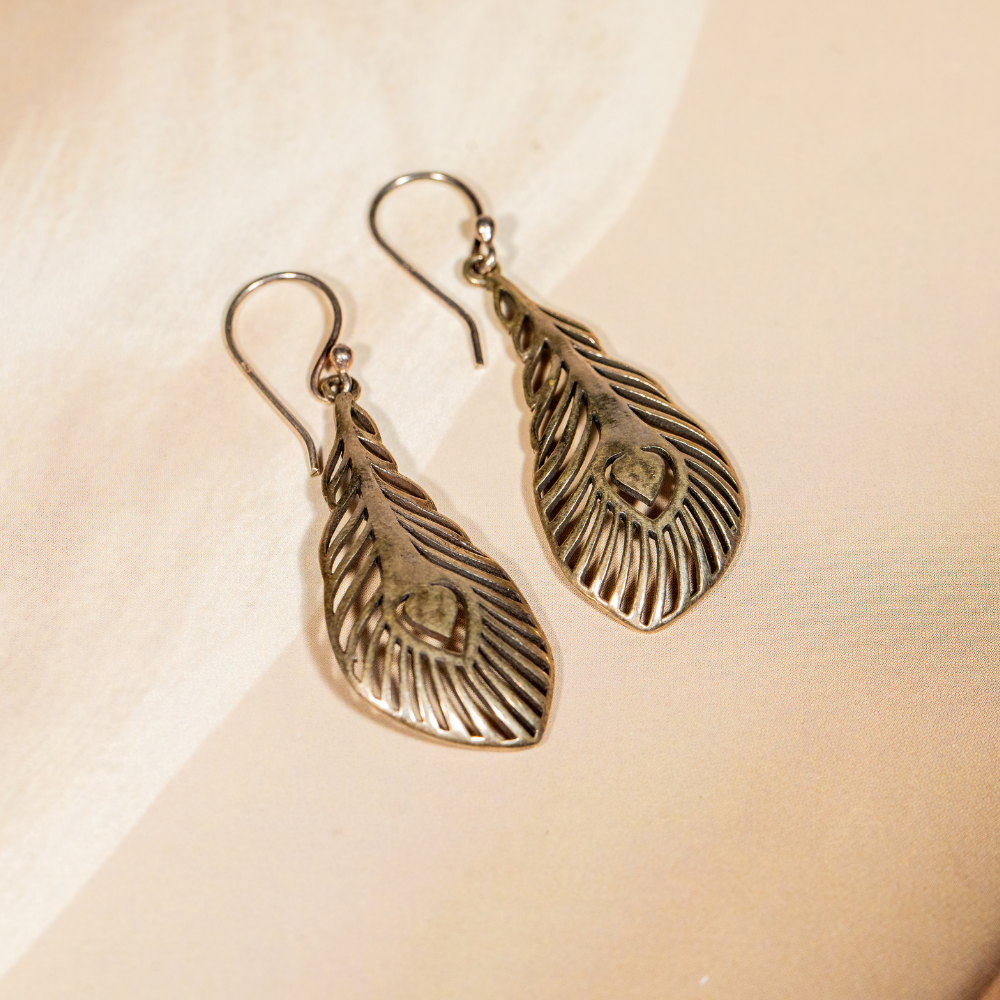Silver peacock feather hook earrings