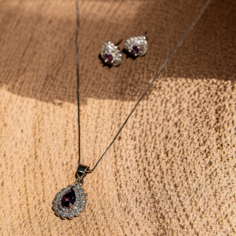 Sterling silver teardrop amethyst and cubic zirconia pendant and studs