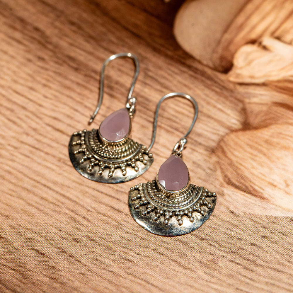 Sterling silver drop earrings with a rose quartz teardrop stone