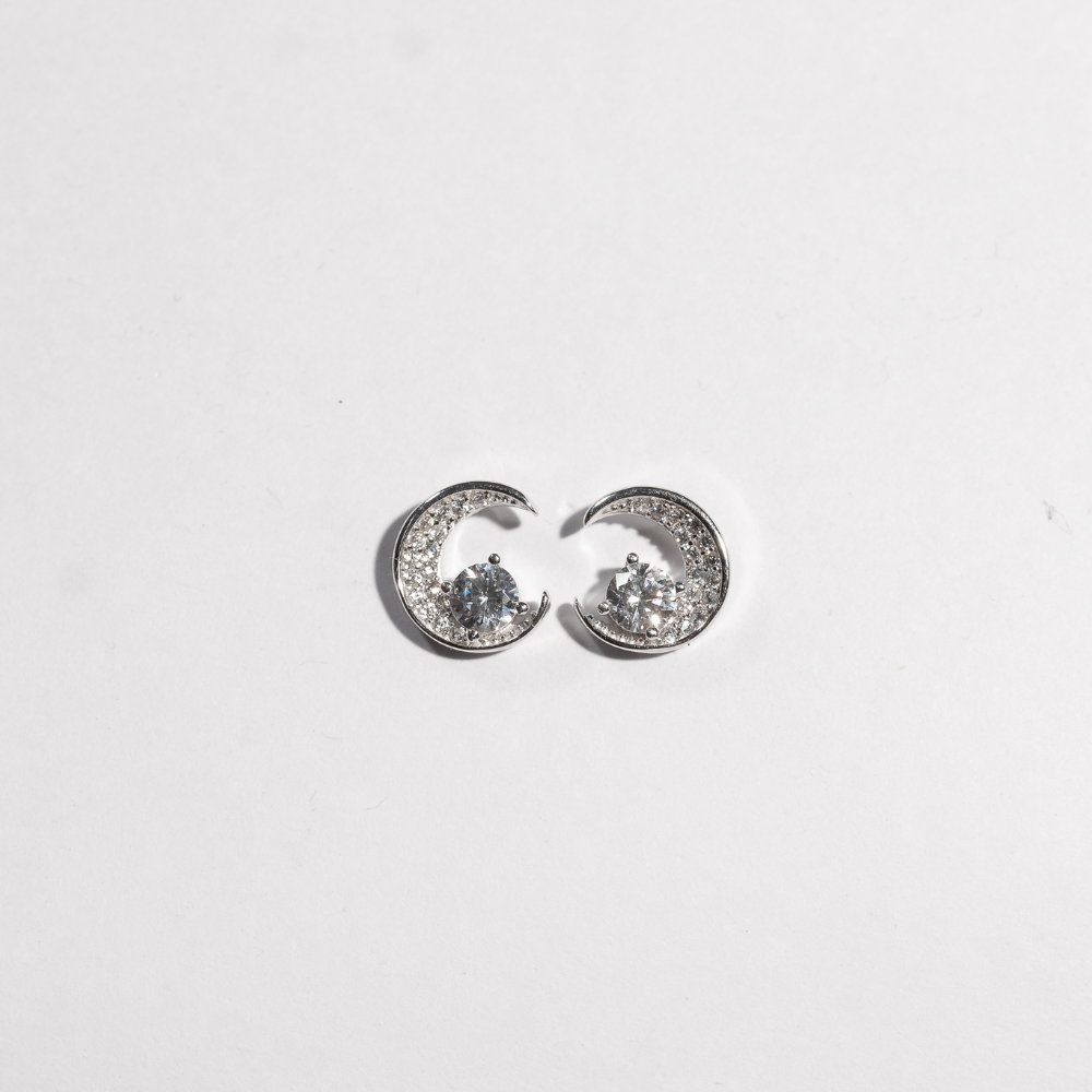 Crescent moon studs with cubic zirconia stones
